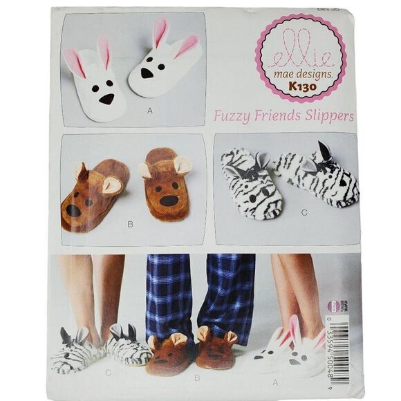 Ellie Mae Designs Kwik Sew Fuzzy Friends Slippers Animals Bear Bunny Uncut - Picture 1 of 2